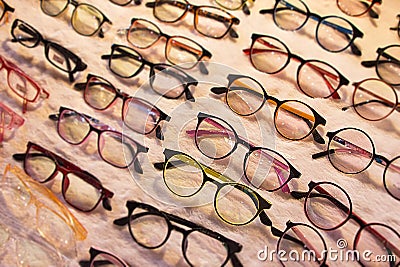 Eyeglasses on sale in wide selection of lenses with UV protection and eyewear in assorted colors and styles. Huge sales and large Stock Photo