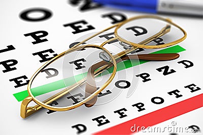 Eyeglasses and Snellen vision test Stock Photo