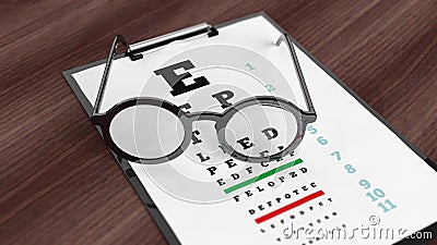 Eyeglasses on tablet with eyesight test on screen Stock Photo