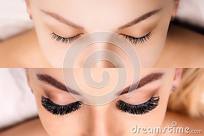 Eyelash Extension. Comparison of female eyes before and after. Hollywood, russian volume Stock Photo