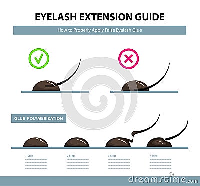 Eyelash extension guide. How to properly apply false eyelash glue. Glue polymerization step by step Vector Illustration