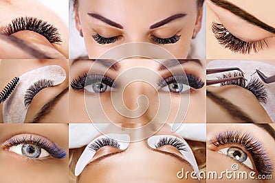 Eyelash extension procedure. Beautiful Woman with long lashes in a beauty salon. Collage. Stock Photo