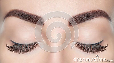 Eyelash extension procedure. Beautiful Woman with long lashes Stock Photo