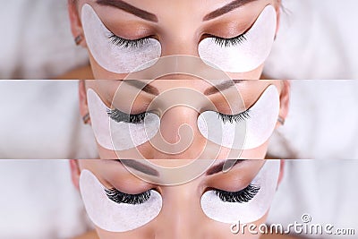 Eyelash Extension Procedure. Comparison of female eyes before and after. Stock Photo