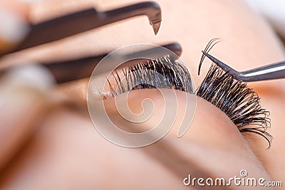 Eyelash Extension Procedure. Woman Eye with Long Eyelashes. Lashes, close up, macro, selective focus. Stock Photo