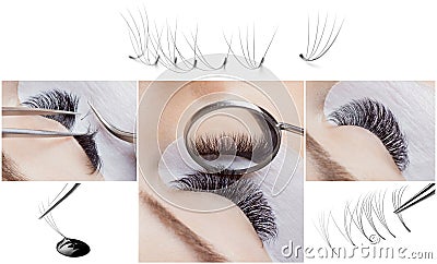 Eyelash extension procedure. Woman master works with tweezers lashes. Collage beauty salon, individual bundles and drop Stock Photo