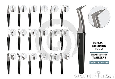 Eyelash Extension Tools. Big Set of tweezers isolated on white background. Different shapes. Vector illustration Vector Illustration