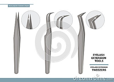 Eyelash Extension Tools. Set of most popular steel tweezers isolated on white background. Different shapes Vector Illustration