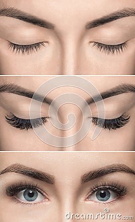 Eyelash removal procedure close up. Beautiful Woman with long la Stock Photo