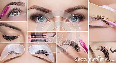 Eyelash removal procedure close up. Collage Stock Photo