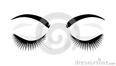 Eyelashes. Closed eyes with false extended lashes. Black and white beauty procedure logo. Artificial makeup. Front view Vector Illustration