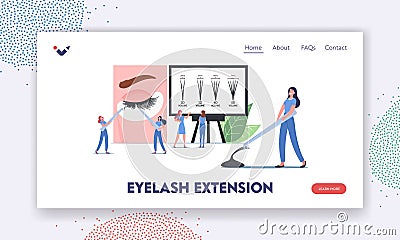 Eyelashes Extension Landing Page Template. Tiny Masters Characters with Tweezers Presenting Beauty Procedure Infographic Vector Illustration
