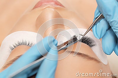 Eyelashes extensions. Fake eyelashes. Eyelash extension procedure.Close up portrait of woman eye with long eyelashes Stock Photo