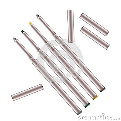 Eyeliner 3d template pencil. Make up realistic pen. Liner. Crayon. Cosmetic Makeup Metal Eyeliner Pencils Vector Illustration