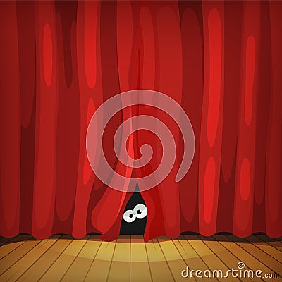 Eyes Behind Red Curtains On Wood Stage Vector Illustration