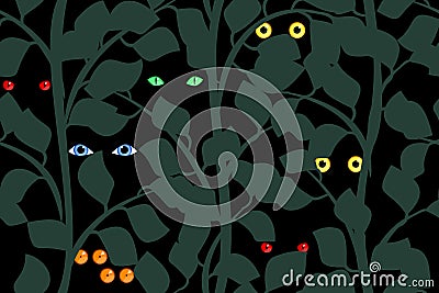 Eyes of different creatures in the night forest Vector Illustration