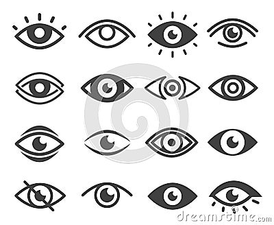 Eyes in different styles bold black silhouette icons set isolated on white. Vision test lenses pictograms Stock Photo