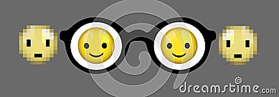 Eyes glass concept, myopia concept, look at positive idea, sharp and blur focus, smiley faces in glass and blur outside, Vector Illustration