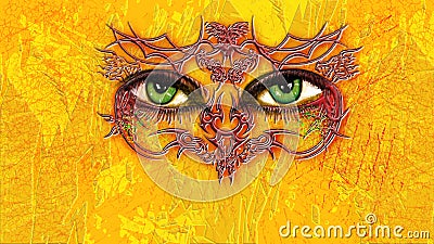 The Eyes have it - green eyes with tribal tattoos surrounding on a yellow textured background Stock Photo