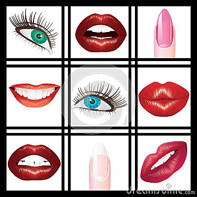 Eyes, lips and nails. Vector Illustration