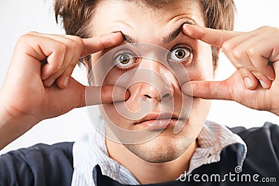 Eyes Open. Tired Awake Man Stock Photo