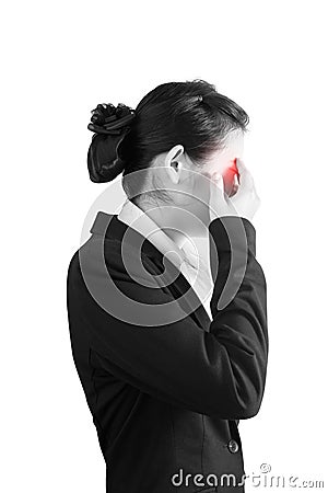 Eyes pain and eyes strain in a woman isolated on white background. Clipping path on white background. Stock Photo