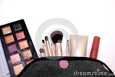 Eyes Shadow in Make up Cosmetics bag and set of professional decorative, makeup tools and accessory on white background. beauty, Stock Photo