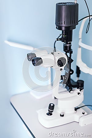 Eyes vision test medical device at ophtalmic clinic. Optometrist office with eyesight check-up equipment. Optician professional Stock Photo