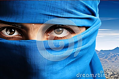 The eyes of a woman in a blue niqab. Ramadan as a time of fasting and prayer for Muslims Stock Photo