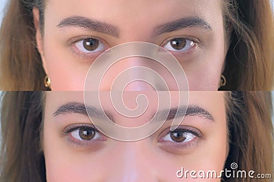 Eyes of young girl before and after beauty procedure of permanent eyeliner. Stock Photo