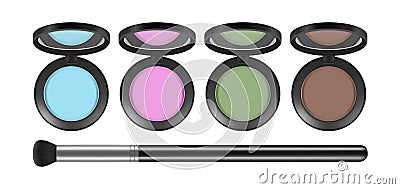 Eyeshadow palette. Realistic decorative cosmetics and brush, isolated eye shadows vector set Vector Illustration