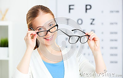 Eyesight check. woman choose glasses at doctor ophthalmologist o Stock Photo
