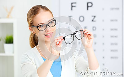 Eyesight check. woman choose glasses at doctor ophthalmologist o Stock Photo