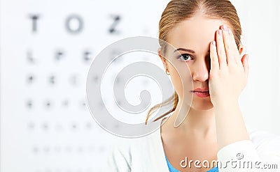 Eyesight check. woman at doctor ophthalmologist optician Stock Photo