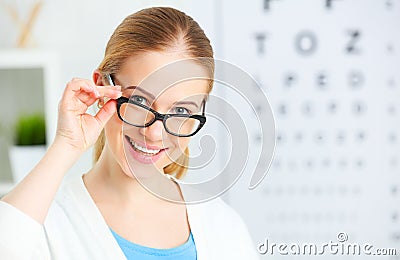 Eyesight check. woman in glasses at doctor ophthalmologist optic Stock Photo