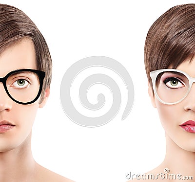 Eyewear glasses half man half woman portrait, wear spectacles Stock Photo