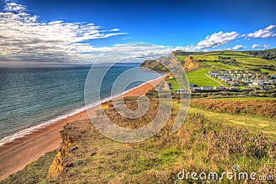 Eype Dorset Jurassic coast in bright colourful HDR Stock Photo