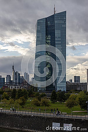 EZB Frankfurt EuropÃ¤ische Zentralbank European Central Bank cloudy blue sky green park in front Stock Photo