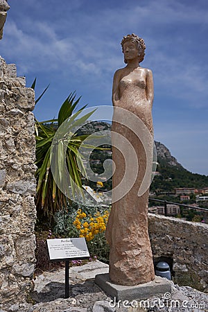 Eze, France - June 17, 2021 - the exotic garden of Eze with statues of resplendent women Editorial Stock Photo