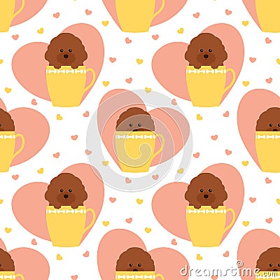 Cute teacup poodle puppy seamless pattern background with hearts. Cartoon dog puppy background. Hand drawn childish vector. Vector Illustration