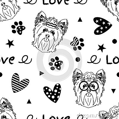 Doodle Yorkshire terrier head seamless pattern background with hearts, paw prints. Cartoon yorkie dog puppy background. Stock Photo