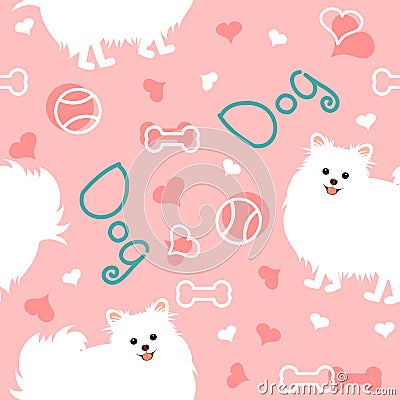 Doodle pomeranian dog seamless pattern background with hearts, dog bones and balls. Cartoon dog puppy background. Hand drawn Cartoon Illustration