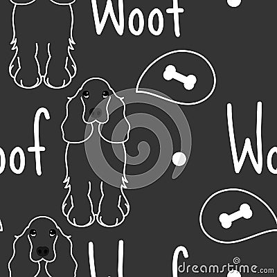 Doodle English Cocker Spaniel dog seamless pattern background with dog bone . Cartoon dog puppy background. Hand drawn childish Cartoon Illustration