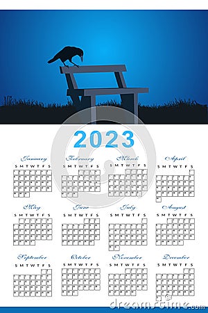 illustration of a raven sitting on a bench. Calendar for the 2023 year The week starts on Sunday monthly planner template Cartoon Illustration