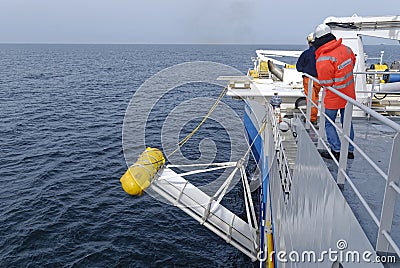A F22 barovane held against the Starboard side of a Seismic Vessel. Editorial Stock Photo