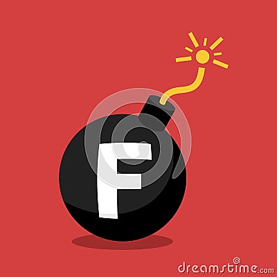 F-bomb - bomb and explosive device with F letter as metaphor of swearing and usage of vulgar and coarse term. Vector Illustration