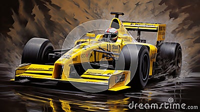1992 F1 Car Racing In Muddy Rain: Realistic Portrait With High Contrast Lighting Stock Photo
