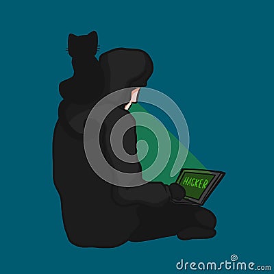 Hacker using laptop with black cat friend cartoon illustration Vector Illustration