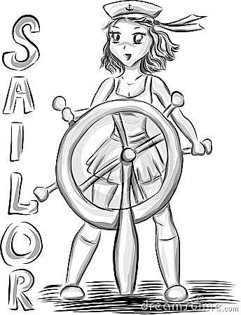 Young girl with sailor wheel Cartoon Illustration