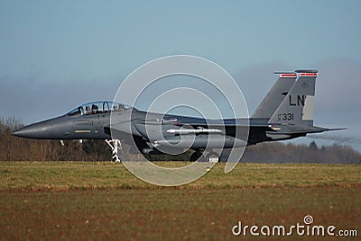F15E from Lakenheath airbase at GB waiting of the take off clearance at Florennes airbase Editorial Stock Photo